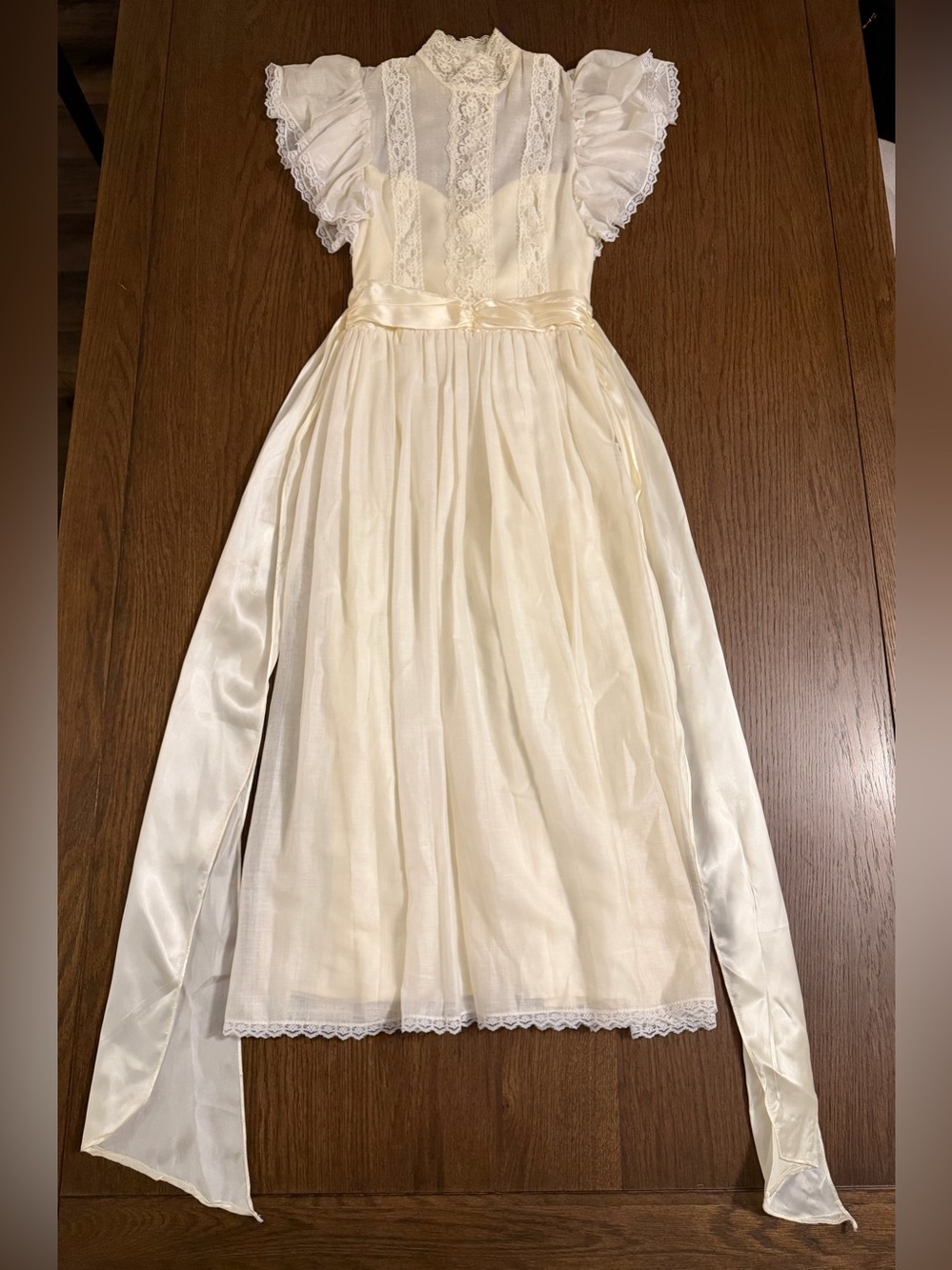 Vintage Gunne Sax High Neck Ivory Lace-Detail Midi Dress with Satin Waist Sash